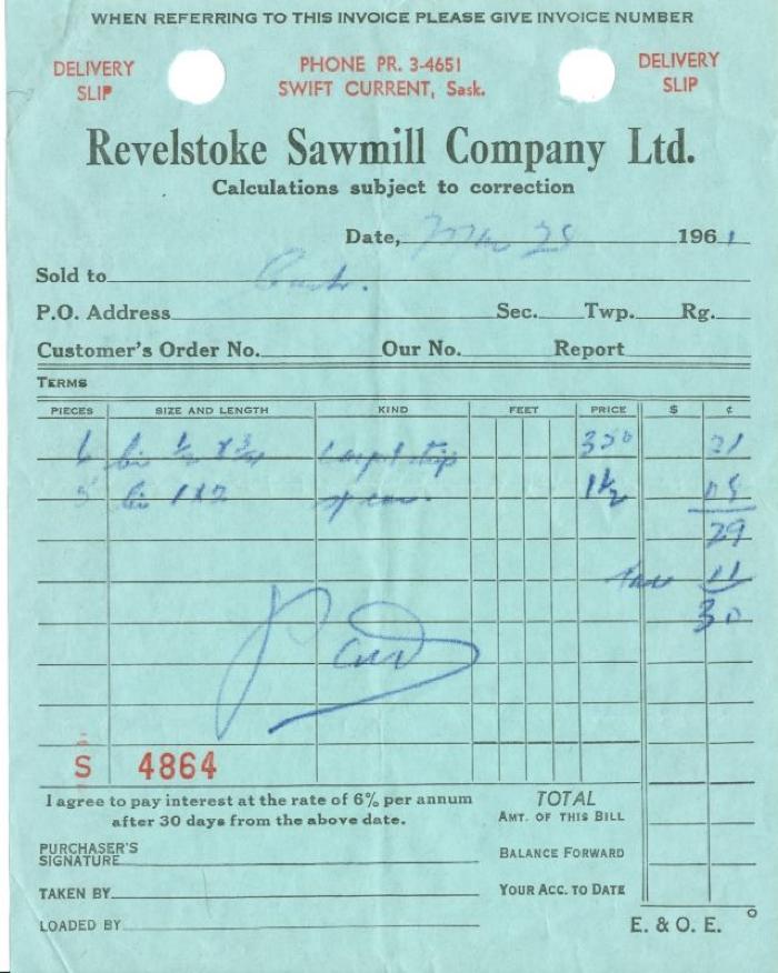 Revelstoke Sawmill Company Limited Receipt (1961-03-28)