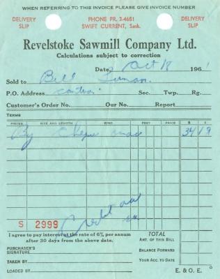 Revelstoke Sawmill Company Limited Receipt (1961-10-18)