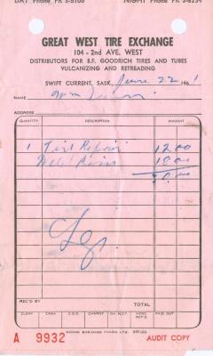 Great West Tire Exchange Receipt (1961-06-22)