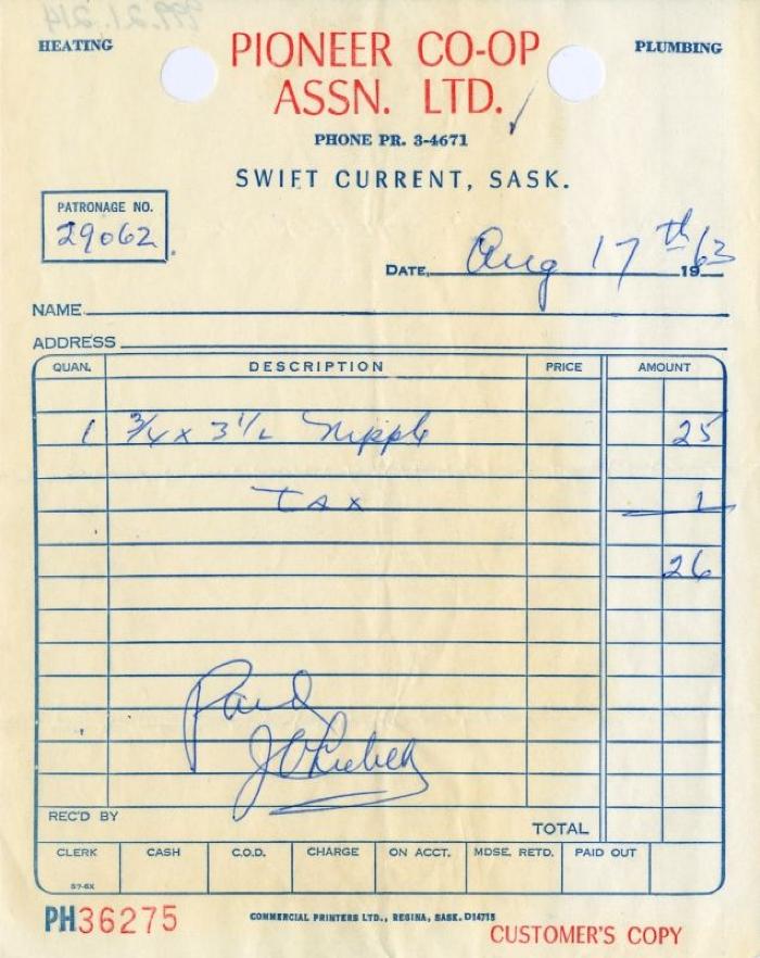 Pioneer Co-operative Association Limited - Heating & Plumbing Receipt (1963-08-17);Pioneer Co-operative Association Limited - Heating & Plumbing Receipt (1963-08-17)