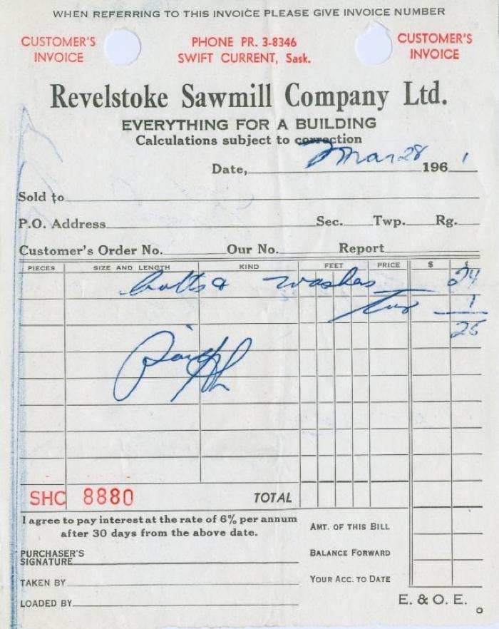 Revelstoke Sawmill Company Limited Receipt (1961-03-28)