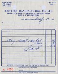 McIntyre Manufacturing Company Limited Receipt (1961-08-10)