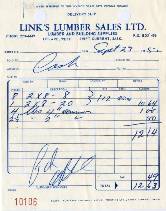 Link's Lumber Sales Limited Receipt (1965-09-23)