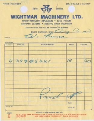 Wightman Machinery Limited Receipt (1963-08-12)