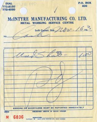 McIntyre Manufacturing Company Limited Receipt (1963-11-16)