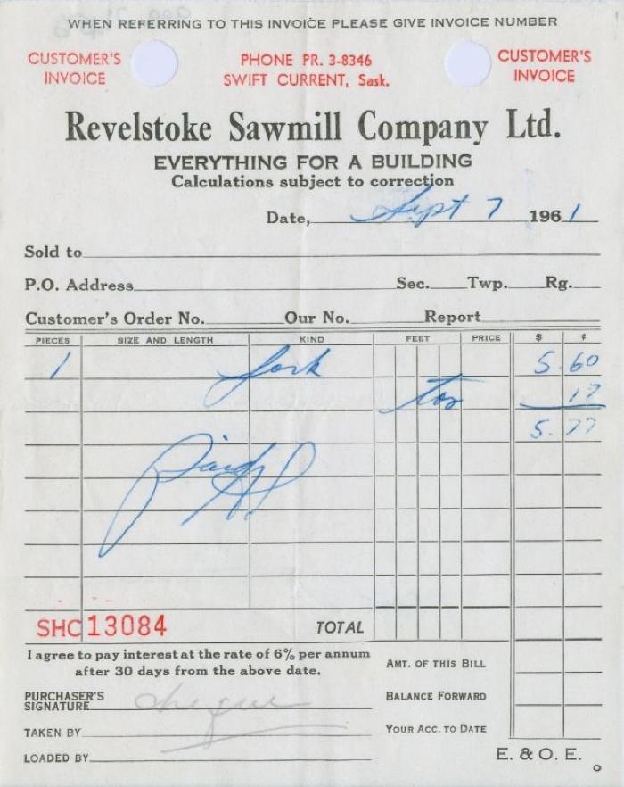 Revelstoke Sawmill Company Limited Receipt (1961-09-07)