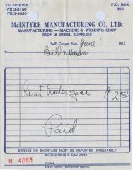 McIntyre Manufacturing Company Limited Receipt (1961-06-01)