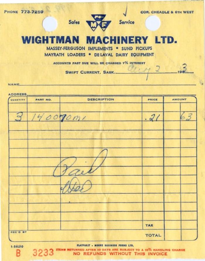 Wightman Machinery Limited Receipt (1963-08-02)