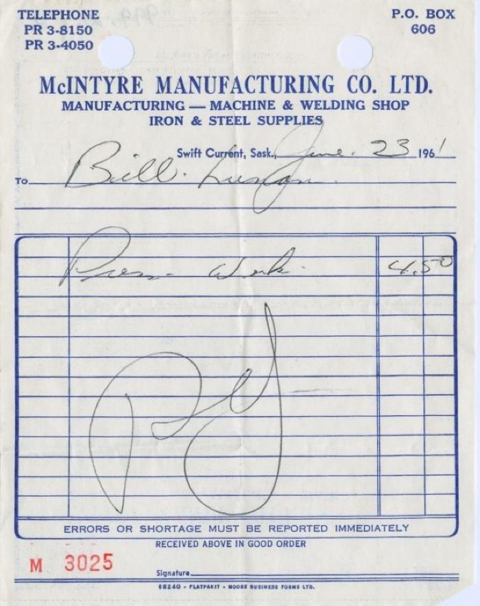 McIntyre Manufacturing Company Limited Receipt (1961-06-23)