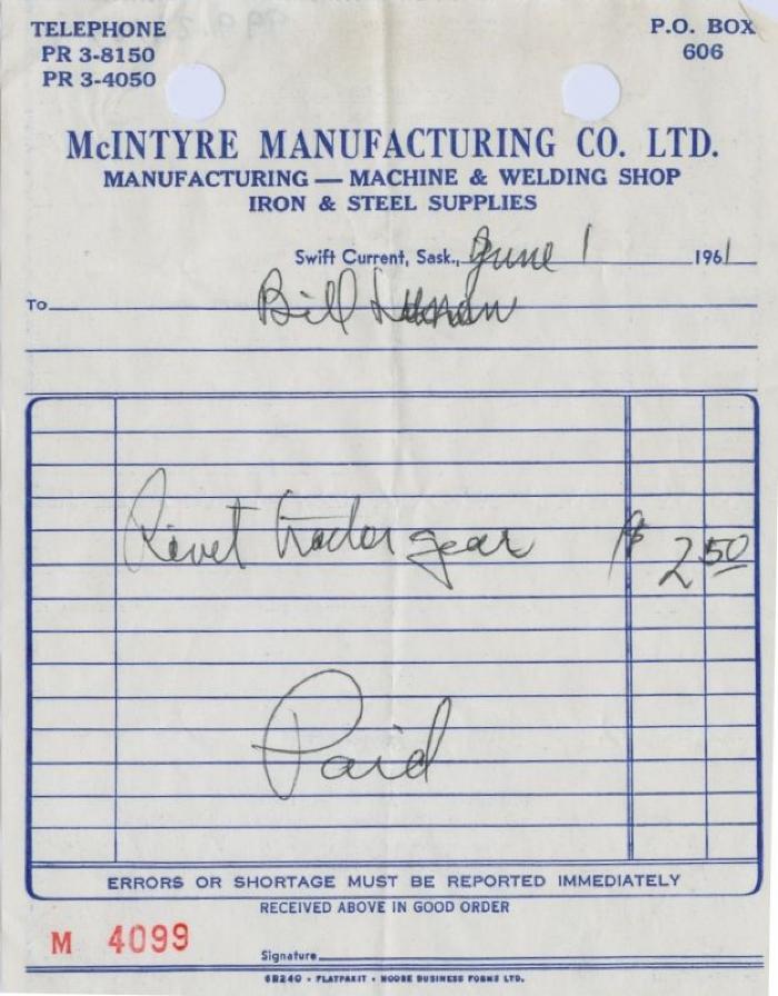 McIntyre Manufacturing Company Limited Receipt (1961-06-01)