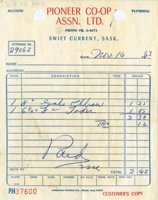 Pioneer Co-operative Association Limited - Heating & Plumbing Receipt (1963-11-16)