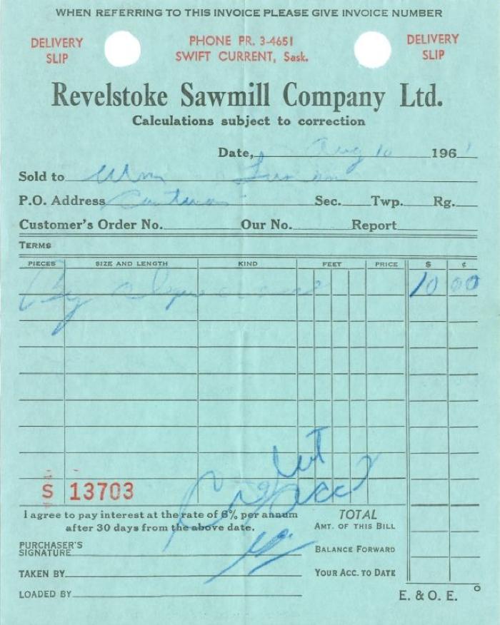 Revelstoke Sawmill Company Limited Receipt (1961-08-10)