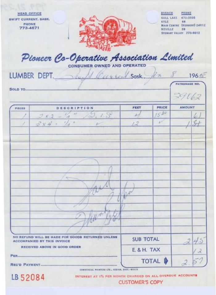 Pioneer Co-op Association Limited - Lumber Department Receipt (1965-01-08)