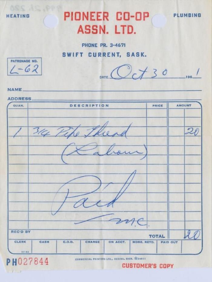 Pioneer Co-operative Association Limited - Heating & Plumbing Receipt (1961-10-30)