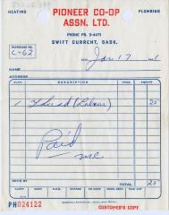 Pioneer Co-operative Association Limited - Heating & Plumbing Receipt (1961-01-17)