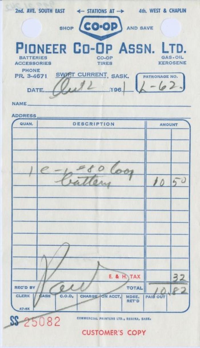 Pioneer Co-operative Association Limited Receipt (1961-10-02)