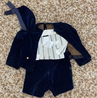 Child's Suit a) Deep navy velvet pants  b) Deep navy jacket c) Deep navy cap d) Striped cotton shirt