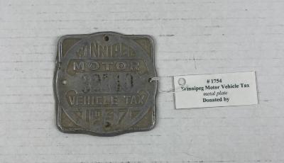 Winnipeg Motor Vehicle Tax metal plate