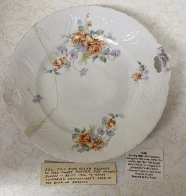 Serving Plate - this fine china belonged to Mrs. Violet Porter.  Her mother, Mrs. Ellen Ede, bought about 1906 at Harry Cosgrave's grandmother's Mrs. Francis (Augusta) Cosgrave's sale in the Burrows District.