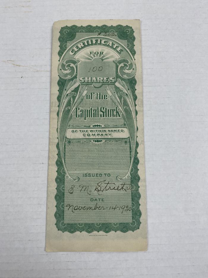 Stock Certificate of the Capital Stock 1930 - Belonged to Ed Street (Doreen Westcott's father)
