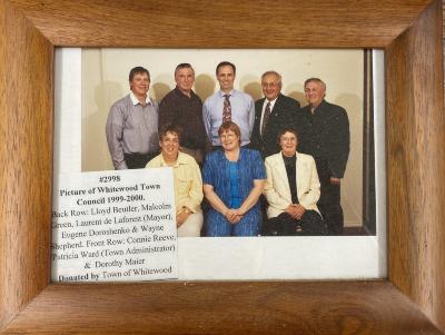 Picture- Whitewood Town Council 1999-2000. Back Row: Lloyd Beutler, Malcolm Green, Laurent de Laforest (Mayor), Eugene Doroshenkom & Wayne Shepherd. Front Row: Connie Reeve, Patricia Ward (Town Administrator) &  Dorothy Maier.