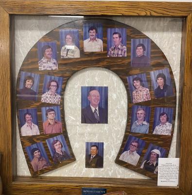 Whitewood Orioles 75-76- Pictures in display case. Clockwise (Starting from 12): Laurie Istace, Joe Cartwright, Gerry Norick, Erwin Finlayson, Morley  Watson, Ray Giroux, Don Halyk, Brian Blyth, Darrel Armstrong, Glen Potts, Steve Lavallee, Glen Kodman, John Kodman, Brent Thompson, Rick Kopeck, Richard Beutler & Keith Foster.