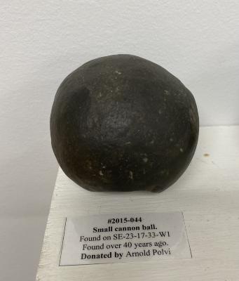 Small cannon ball. Found on SE-23-17-33-W1 Found over 40 years ago.