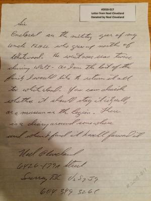 Letter from Noel Cleveland