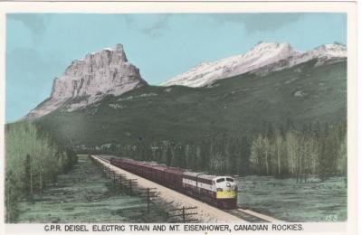 Deisel Electric Train and Mount Eisenhower, Canadian Pacific Railroad, Canadian Rockies, Alberta Postcard