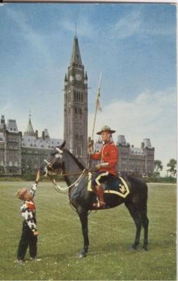 Mountie at Peace Tower with Boy in Cowboy Costume Postcard