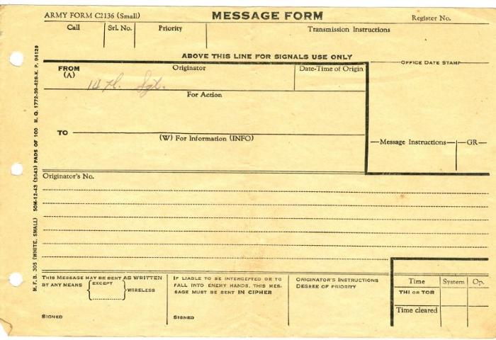 Military Message Form Army Form C2136 (Small) Message Form