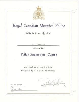 Certificate for Swift Current Royal Canadian Mounted Police Supervisors Course (1979-06)