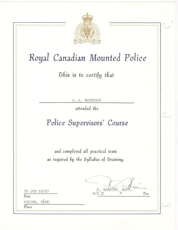 Certificate for Swift Current Royal Canadian Mounted Police Supervisors Course (1979-06)