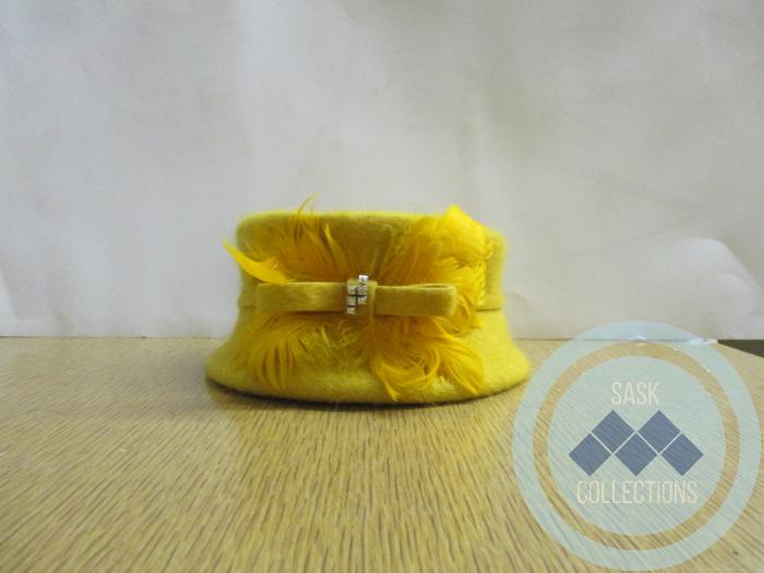Yellow Pillbox Hat with Jeweled Pendant