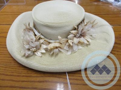 Beige Fabric Ladies Hat With Flowers and Feathers 