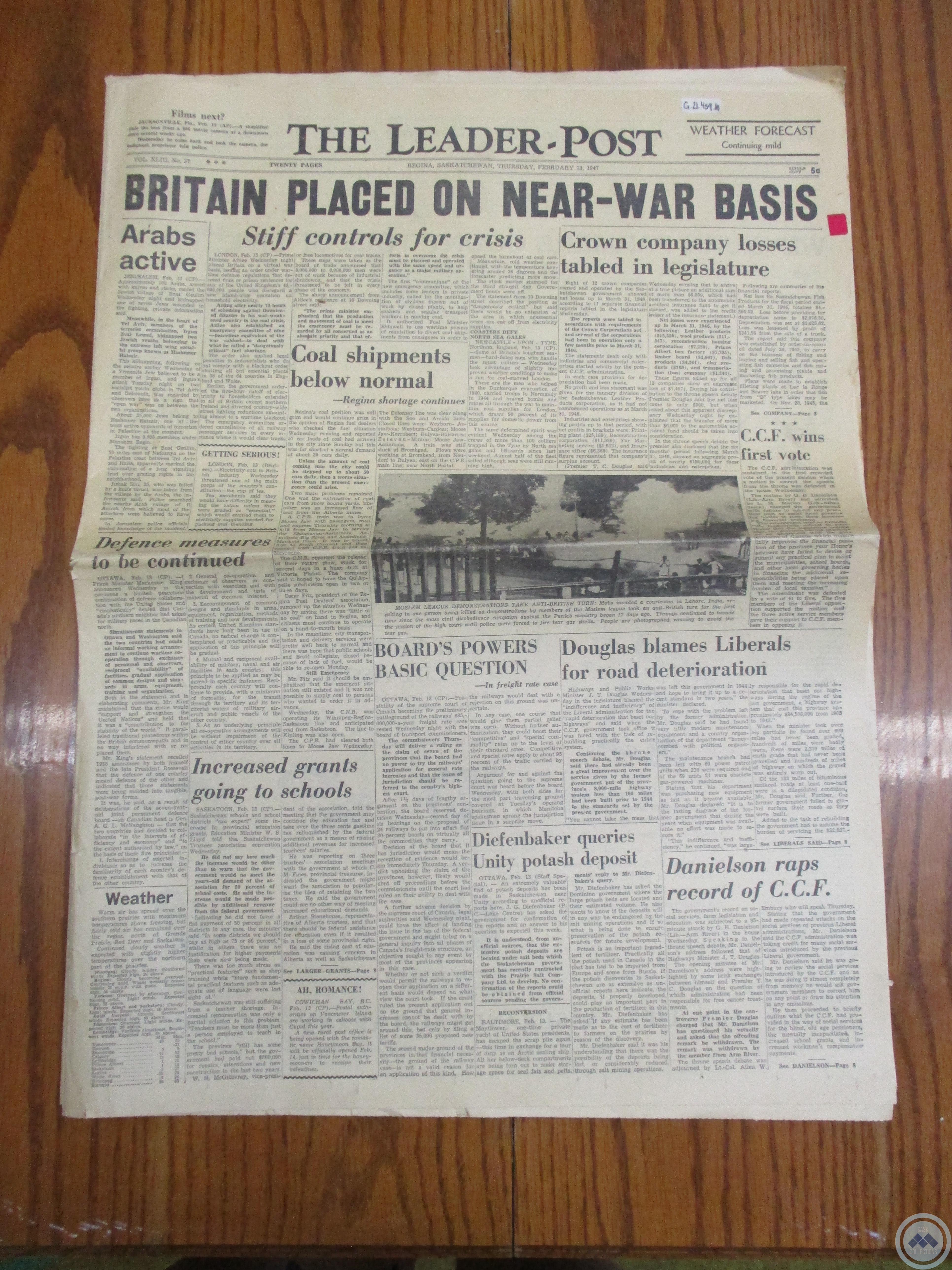 The Leader-Post: “Britain Placed on Near-War Basis” (February 13, 1947)