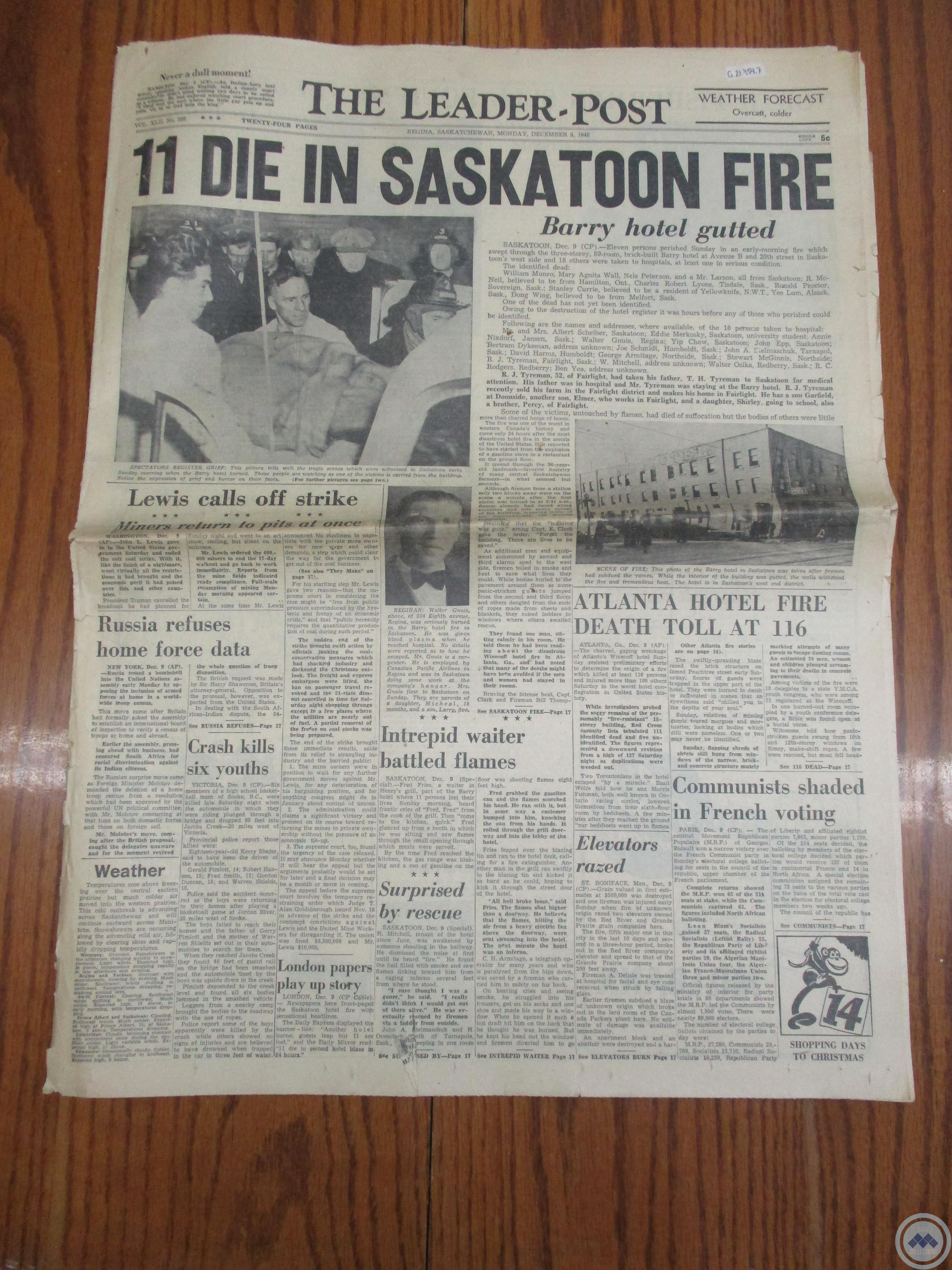 The Leader-Post: “11 Die in Saskatoon Fire” (December 9, 1946) 
