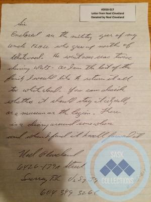 Letter from Noel Cleveland