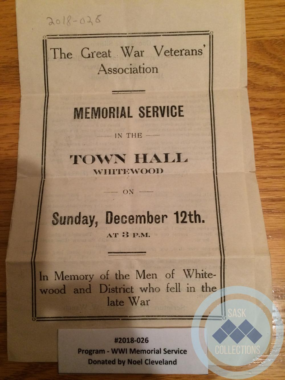 Program - WW1 Memorial Service