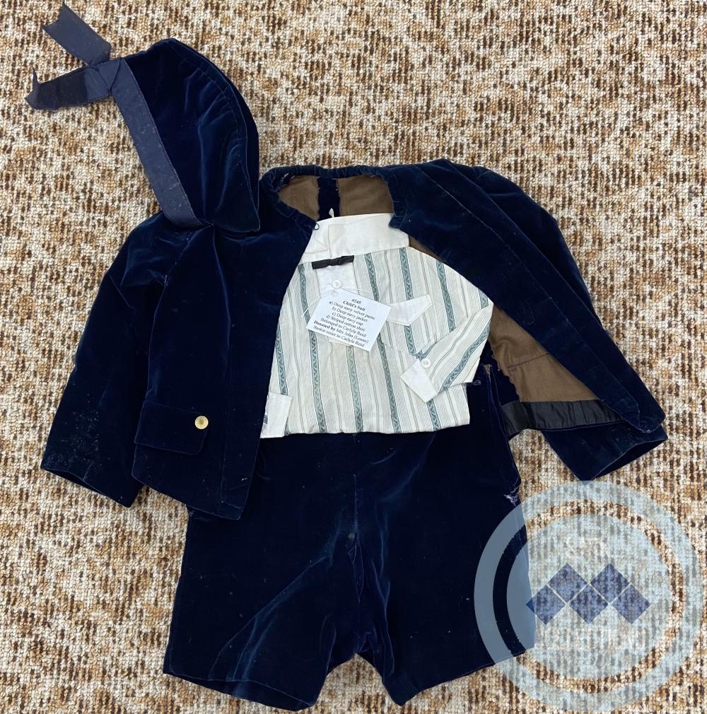 Child's Suit a) Deep navy velvet pants  b) Deep navy jacket c) Deep navy cap d) Striped cotton shirt
