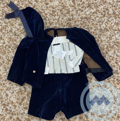 Child's Suit a) Deep navy velvet pants  b) Deep navy jacket c) Deep navy cap d) Striped cotton shirt