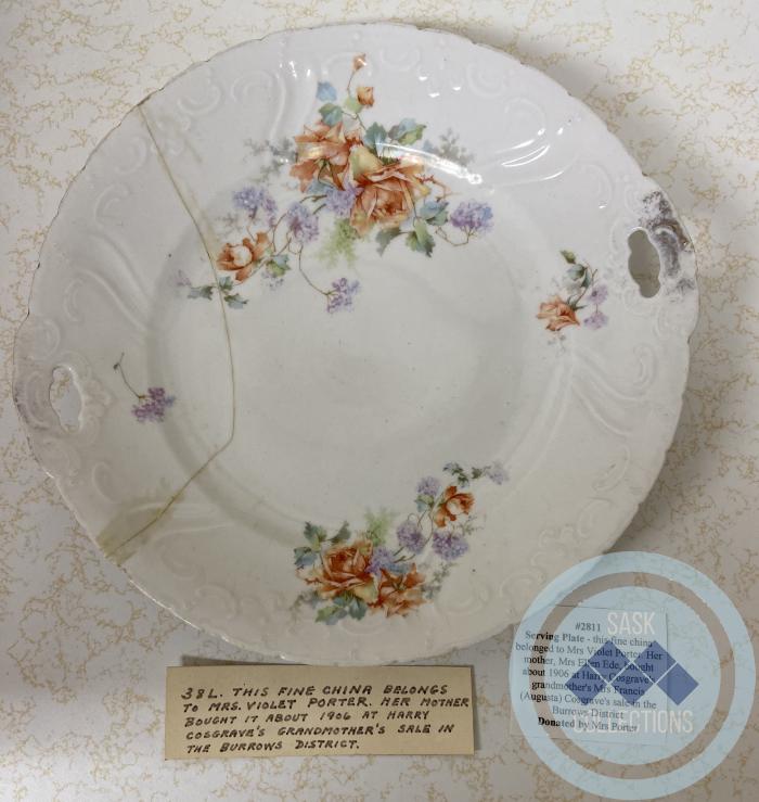 Serving Plate - this fine china belonged to Mrs. Violet Porter.  Her mother, Mrs. Ellen Ede, bought about 1906 at Harry Cosgrave's grandmother's Mrs. Francis (Augusta) Cosgrave's sale in the Burrows District.