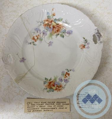 Serving Plate - this fine china belonged to Mrs. Violet Porter.  Her mother, Mrs. Ellen Ede, bought about 1906 at Harry Cosgrave's grandmother's Mrs. Francis (Augusta) Cosgrave's sale in the Burrows District.