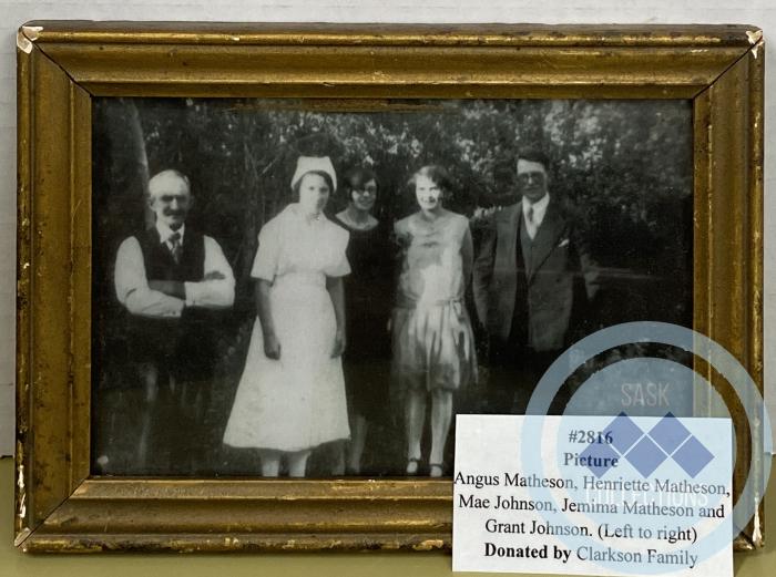 Photograph - Angus Matheson, Henriette Matheson, Mae Johnson, Jemima Matheson and Grant Johnson. (Left to right)