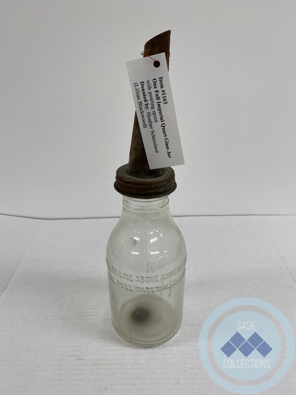 One Full Imperial Quart Glass Jar with a pouring spout