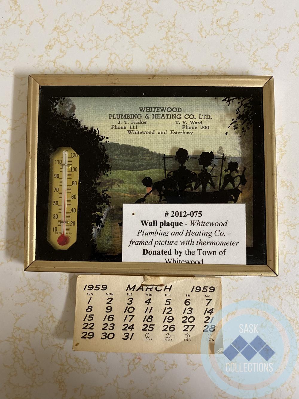 Wall plaque: <i>Whitewood Plumbing and Heating Co. -framed picture with thermometer</i>