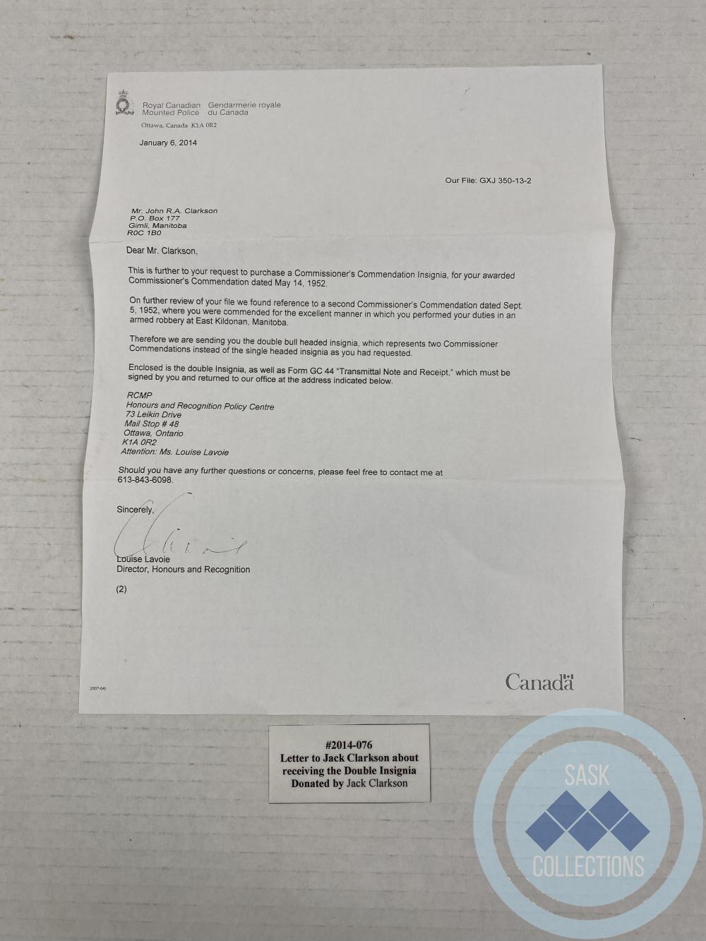 Letter sent to Jack Clarkson about receiving the Double Insignia  