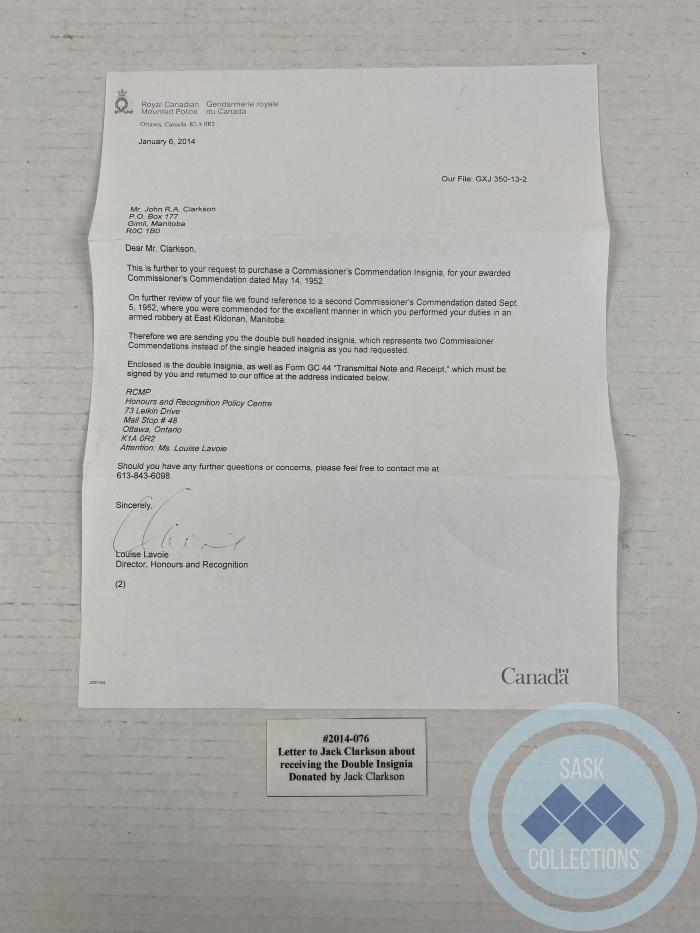 Letter sent to Jack Clarkson about receiving the Double Insignia  