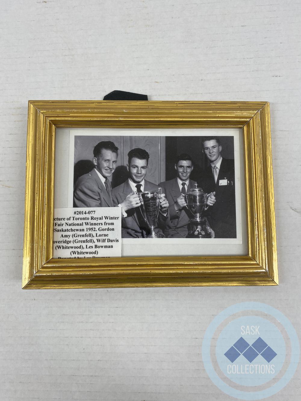 Picture of Toronto Royal Winter Fair Winners from Saskatchewan 1952. Gordon Amy (Grenfell), Lorne Loveridge (Grenfell), Wilf Davis (Whitewood), Les Bowman (Whitewood) 