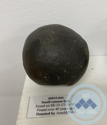 Small cannon ball. Found on SE-23-17-33-W1 Found over 40 years ago.